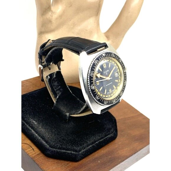 Elgin Mens Watch Diver Swiss Automatic Vintage Black Dial Date Leather Band 42mm - Picture 15 of 15